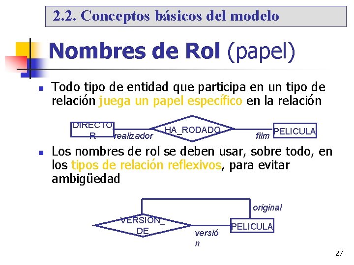 2. 2. Conceptos básicos del modelo Nombres de Rol (papel) Todo tipo de entidad