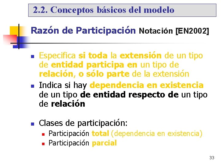 2. 2. Conceptos básicos del modelo Razón de Participación Notación [EN 2002] Especifica si