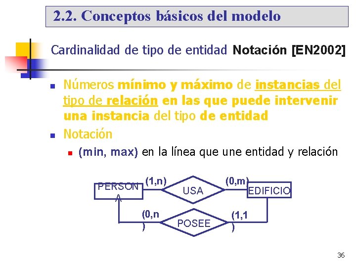 2. 2. Conceptos básicos del modelo Cardinalidad de tipo de entidad Notación [EN 2002]