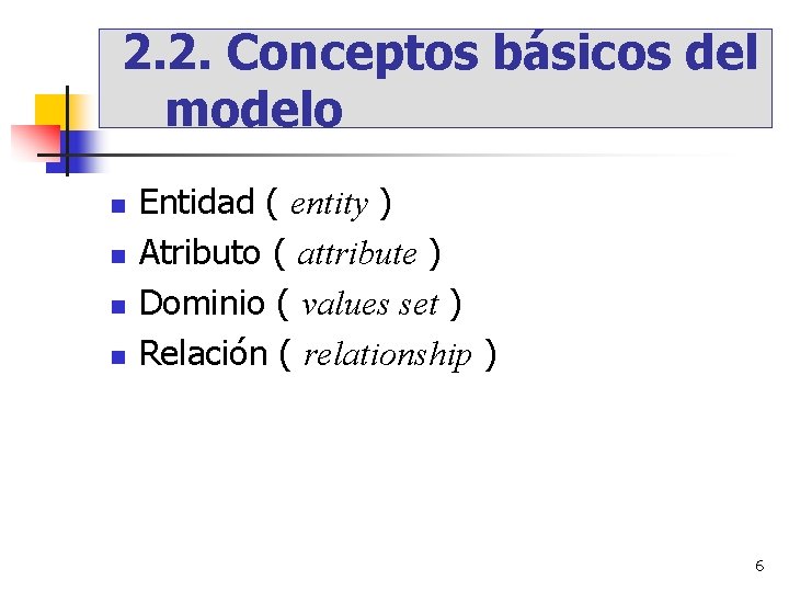 2. 2. Conceptos básicos del modelo Entidad ( entity ) Atributo ( attribute )