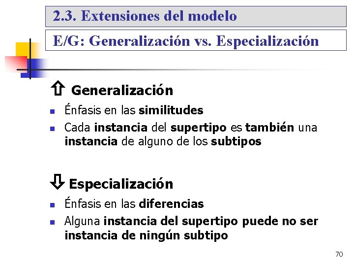 2. 3. Extensiones del modelo E/G: Generalización vs. Especialización Generalización Énfasis en las similitudes