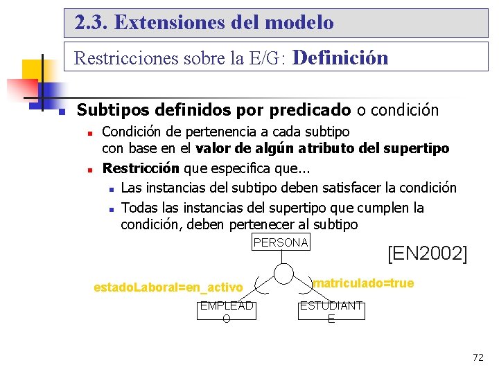 2. 3. Extensiones del modelo Restricciones sobre la E/G: Definición Subtipos definidos por predicado