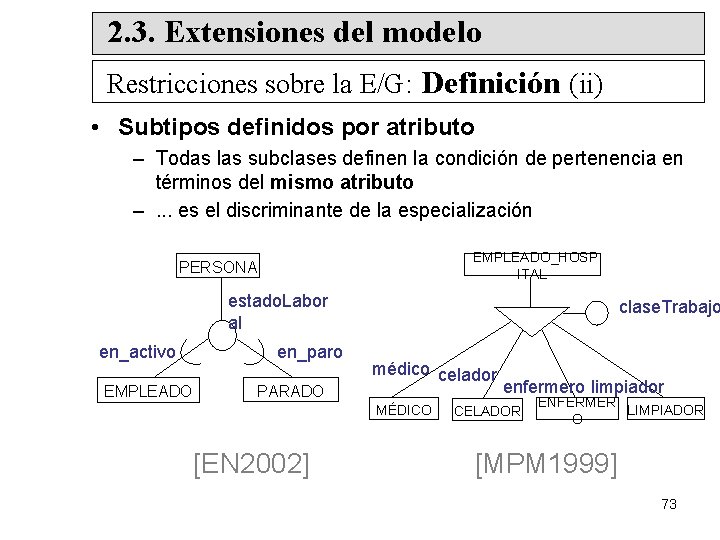 2. 3. Extensiones del modelo Restricciones sobre la E/G: Definición (ii) • Subtipos definidos