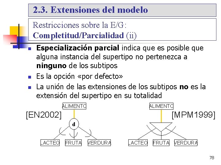 2. 3. Extensiones del modelo Restricciones sobre la E/G: Completitud/Parcialidad (ii) Especialización parcial indica