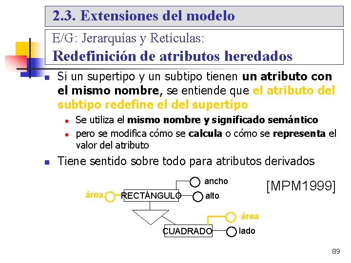 2. 3. Extensiones del modelo E/G: Jerarquías y Retículas: Redefinición de atributos heredados Si