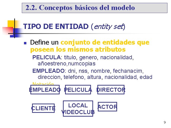 2. 2. Conceptos básicos del modelo TIPO DE ENTIDAD (entity set) Define un conjunto