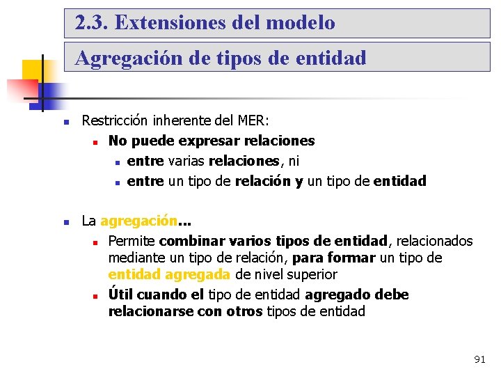 2. 3. Extensiones del modelo Agregación de tipos de entidad Restricción inherente del MER: