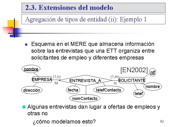 2. 3. Extensiones del modelo Agregación de tipos de entidad (ii): Ejemplo 1 Esquema