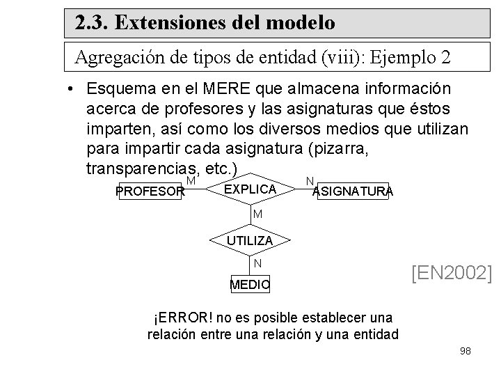 2. 3. Extensiones del modelo Agregación de tipos de entidad (viii): Ejemplo 2 •