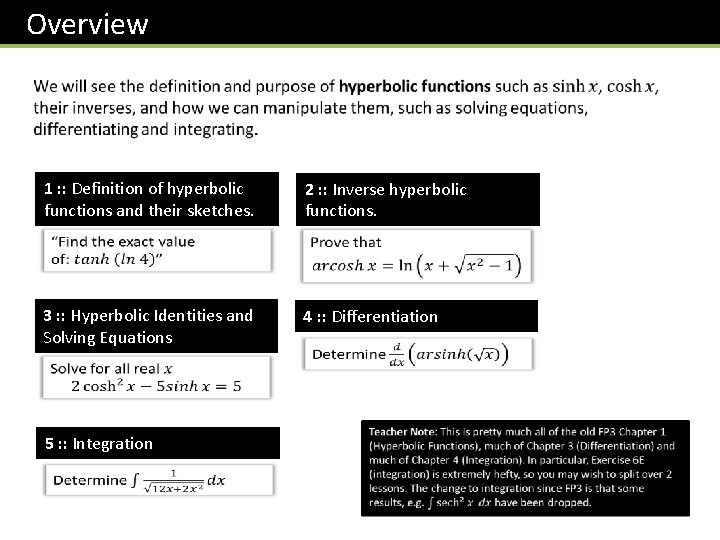 Overview 1 : : Definition of hyperbolic functions and their sketches. 2 : :