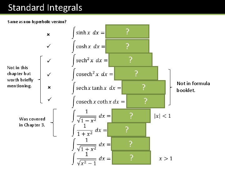 Standard Integrals Same as non-hyperbolic version? ? ? Not in this chapter but worth