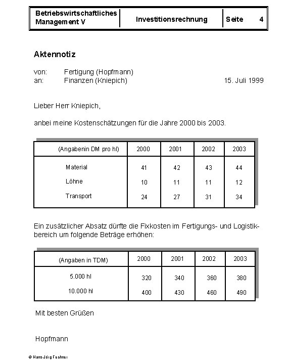 Betriebswirtschaftliches Management V Investitionsrechnung Seite 4 Aktennotiz von: an: Fertigung (Hopfmann) Finanzen (Kniepich) 15.