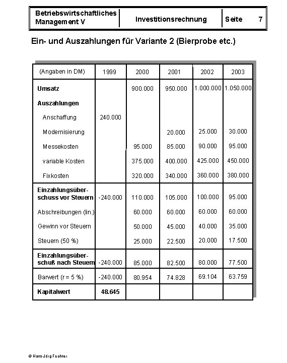 Betriebswirtschaftliches Management V Investitionsrechnung Seite Ein- und Auszahlungen für Variante 2 (Bierprobe etc. )