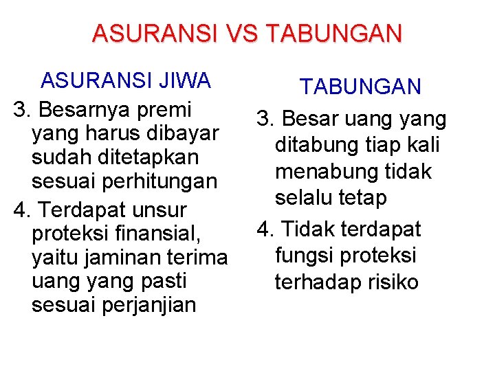 ASURANSI VS TABUNGAN ASURANSI JIWA 3. Besarnya premi yang harus dibayar sudah ditetapkan sesuai