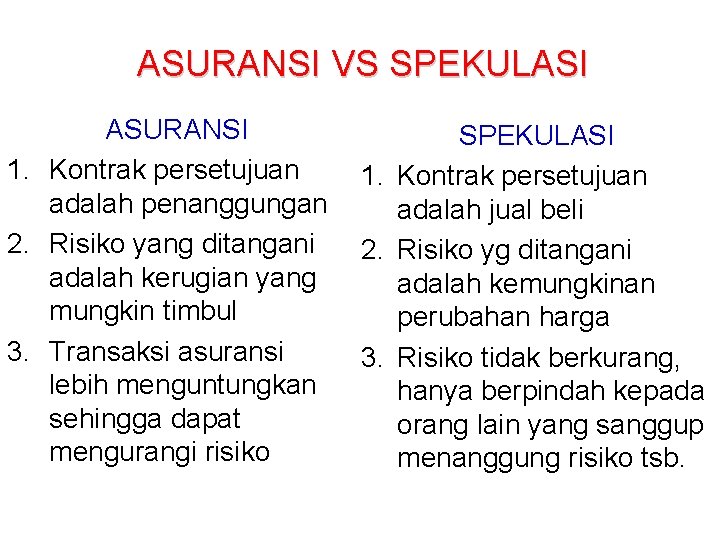 ASURANSI VS SPEKULASI ASURANSI 1. Kontrak persetujuan adalah penanggungan 2. Risiko yang ditangani adalah