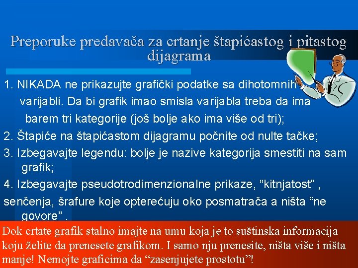 Preporuke predavača za crtanje štapićastog i pitastog dijagrama 1. NIKADA ne prikazujte grafički podatke