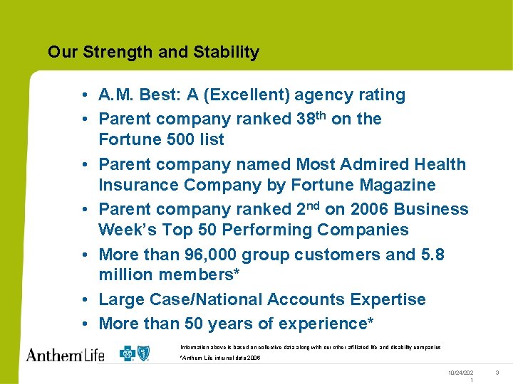 Our Strength and Stability • A. M. Best: A (Excellent) agency rating • Parent