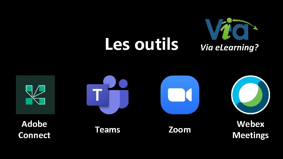 Les outils Adobe Connect Teams Zoom Via e. Learning? Webex Meetings 