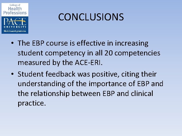 CONCLUSIONS • The EBP course is effective in increasing student competency in all 20