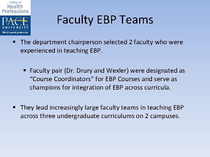 Faculty EBP Teams § The department chairperson selected 2 faculty who were experienced in