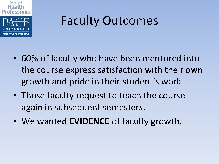 Faculty Outcomes • 60% of faculty who have been mentored into the course express