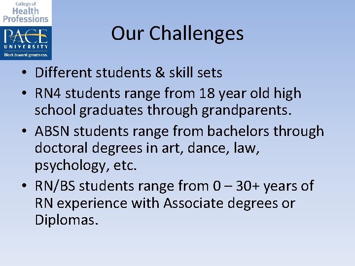 Our Challenges • Different students & skill sets • RN 4 students range from