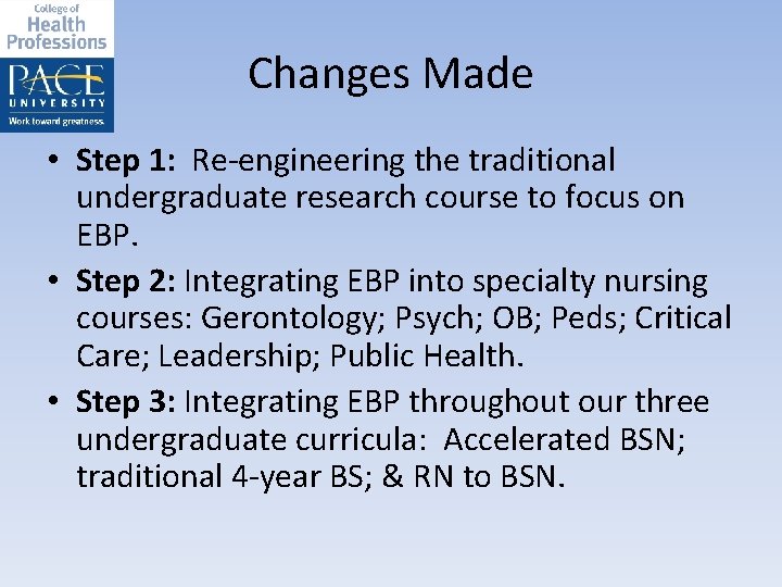 Changes Made • Step 1: Re-engineering the traditional undergraduate research course to focus on