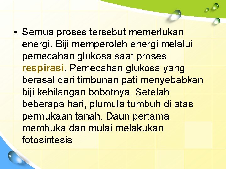  • Semua proses tersebut memerlukan energi. Biji memperoleh energi melalui pemecahan glukosa saat