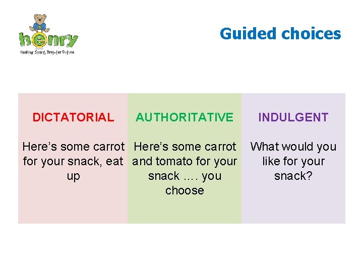 Guided choices “Eat up your DICTATORIAL carrot. ” “Here’s some carrot “What would you