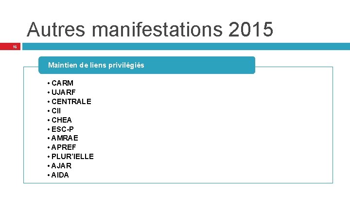 Autres manifestations 2015 16 Maintien de liens privilégiés • CARM • UJARF • CENTRALE