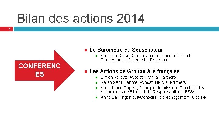 Bilan des actions 2014 5 Le Baromètre du Souscripteur CONFÉRENC ES Vanessa Dalas, Consultante