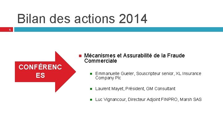 Bilan des actions 2014 6 CONFÉRENC ES Mécanismes et Assurabilité de la Fraude Commerciale