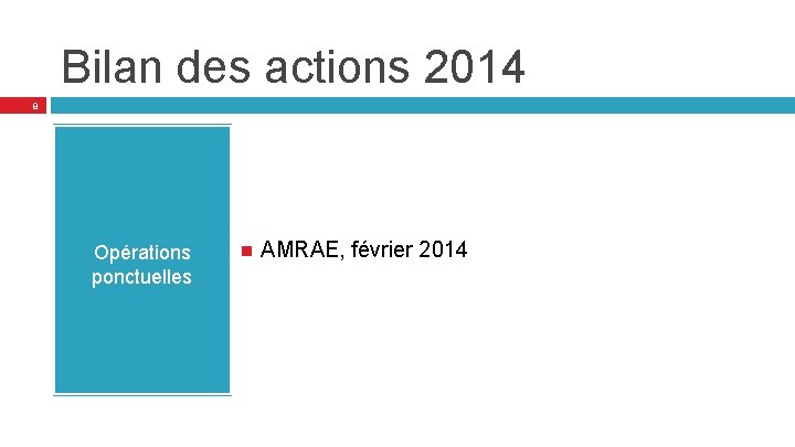 Bilan des actions 2014 8 Opérations ponctuelles AMRAE, février 2014 