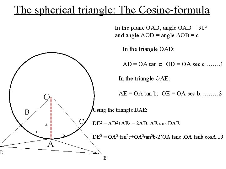 The spherical triangle: The Cosine-formula In the plane OAD, angle OAD = 90° and