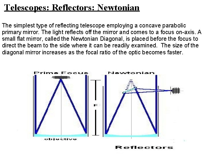 Telescopes: Reflectors: Newtonian The simplest type of reflecting telescope employing a concave parabolic primary