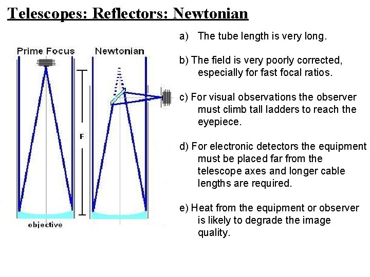 Telescopes: Reflectors: Newtonian a) The tube length is very long. b) The field is