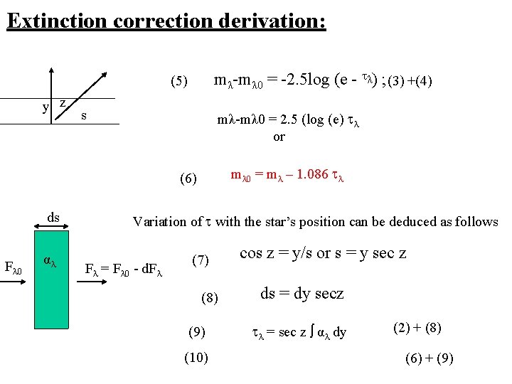 Extinction correction derivation: mλ-mλ 0 = -2. 5 log (e - λ) ; (3)