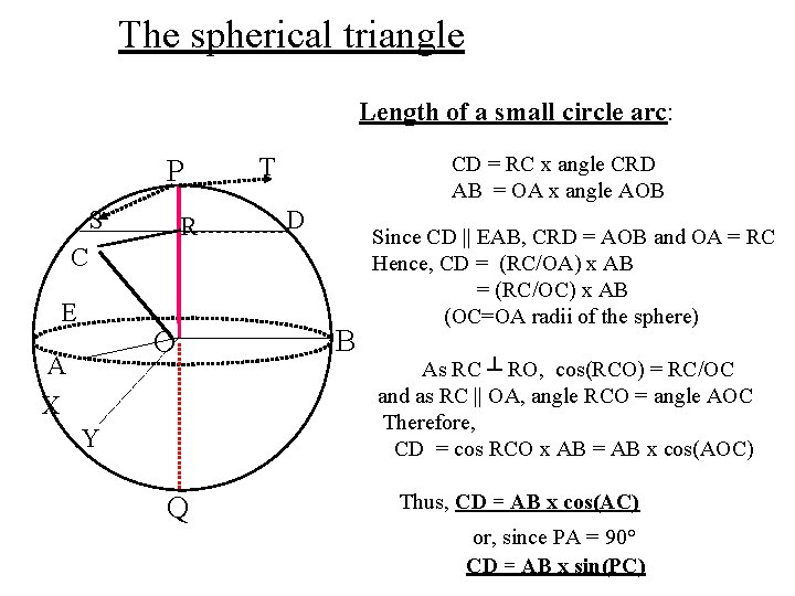 The spherical triangle Length of a small circle arc: P S R CD =