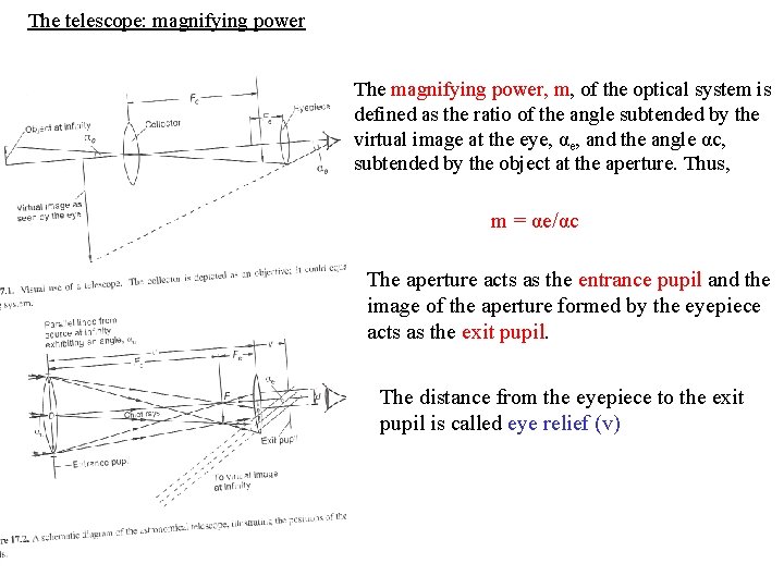 The telescope: magnifying power The magnifying power, m, of the optical system is defined