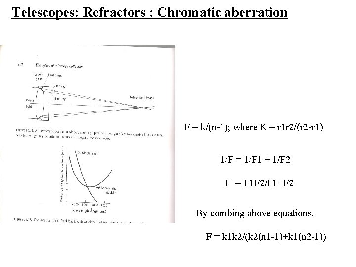 Telescopes: Refractors : Chromatic aberration F = k/(n-1); where K = r 1 r