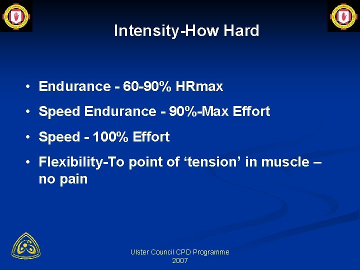 Intensity-How Hard • Endurance - 60 -90% HRmax • Speed Endurance - 90%-Max Effort
