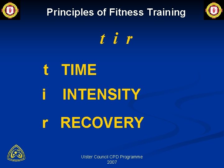 Principles of Fitness Training t i r t TIME i INTENSITY r RECOVERY Ulster