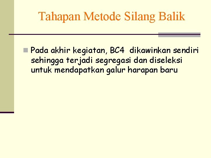 Tahapan Metode Silang Balik n Pada akhir kegiatan, BC 4 dikawinkan sendiri sehingga terjadi