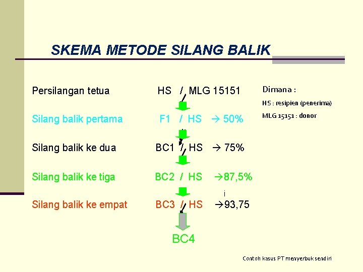 SKEMA METODE SILANG BALIK Persilangan tetua Dimana : HS / MLG 15151 HS : SKEMA METODE SILANG BALIK Persilangan tetua Dimana : HS / MLG 15151 HS :