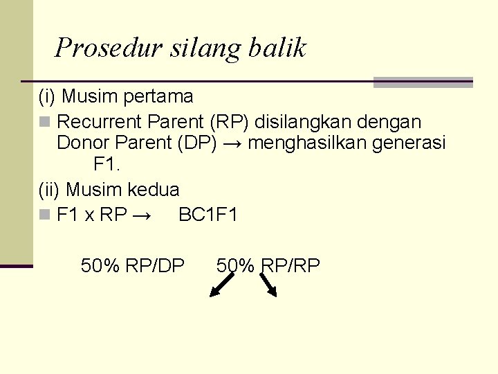 Prosedur silang balik (i) Musim pertama n Recurrent Parent (RP) disilangkan dengan Donor Parent Prosedur silang balik (i) Musim pertama n Recurrent Parent (RP) disilangkan dengan Donor Parent