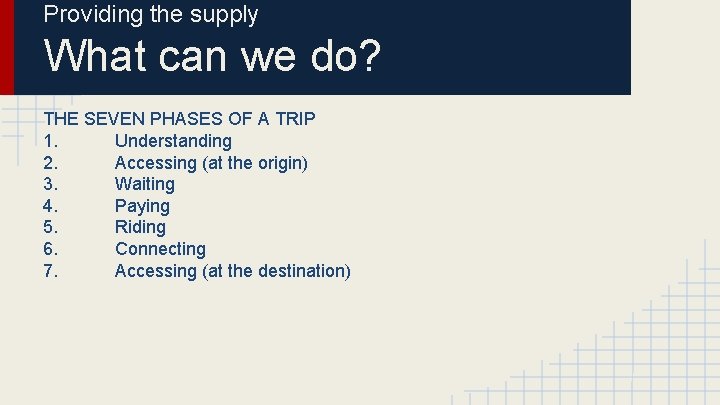 Providing the supply What can we do? THE SEVEN PHASES OF A TRIP 1.