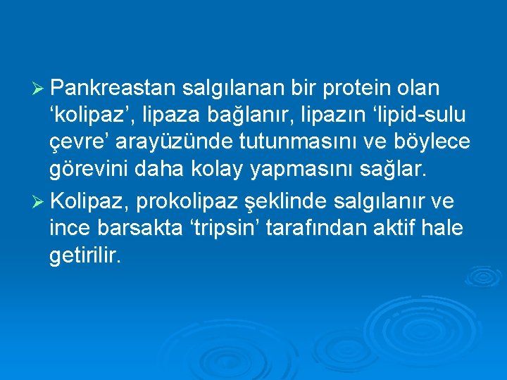 Ø Pankreastan salgılanan bir protein olan ‘kolipaz’, lipaza bağlanır, lipazın ‘lipid-sulu çevre’ arayüzünde tutunmasını