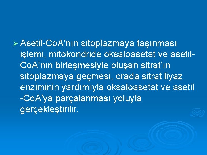 Ø Asetil-Co. A’nın sitoplazmaya taşınması işlemi, mitokondride oksaloasetat ve asetil. Co. A’nın birleşmesiyle oluşan