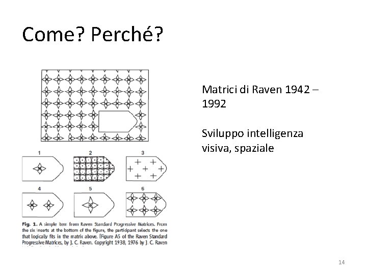 Come? Perché? Matrici di Raven 1942 – 1992 Sviluppo intelligenza visiva, spaziale 14 