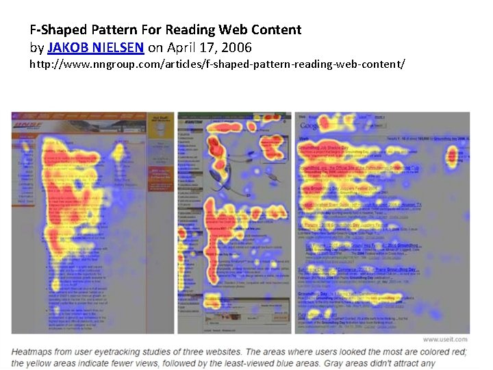 F-Shaped Pattern For Reading Web Content by JAKOB NIELSEN on April 17, 2006 http: